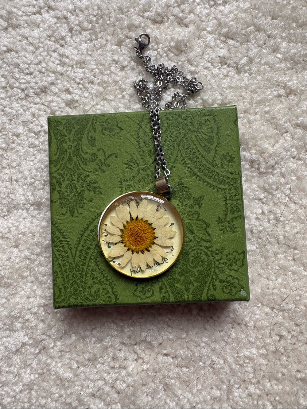 Pressed Daisy Resin Pendant Necklace - Silver Chain